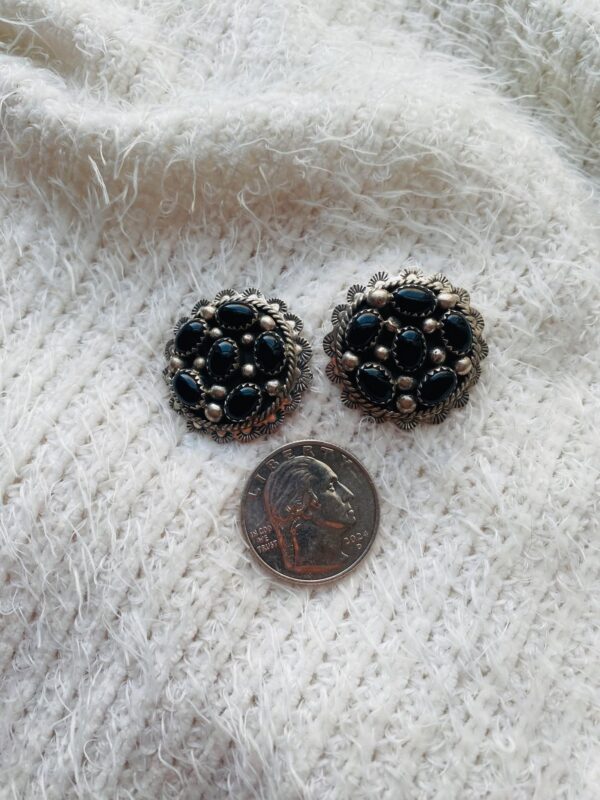 Navajo Vintage Sterling Silver Black Onyx Cluster Stamped Post Earrings/ - Image 2