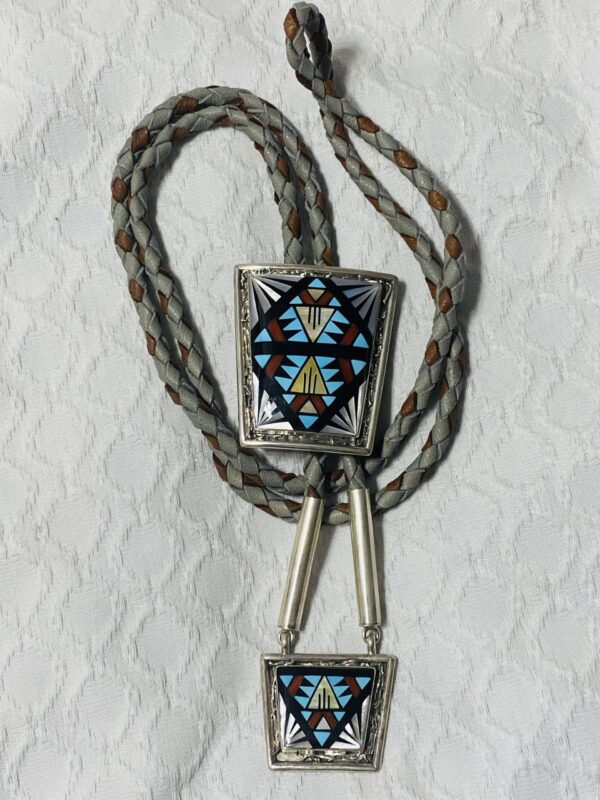 Zuni Viola Eriacho Signed Sterling Silver Starburst Inlay Bolo Tie with Matching Dangle Pendant/