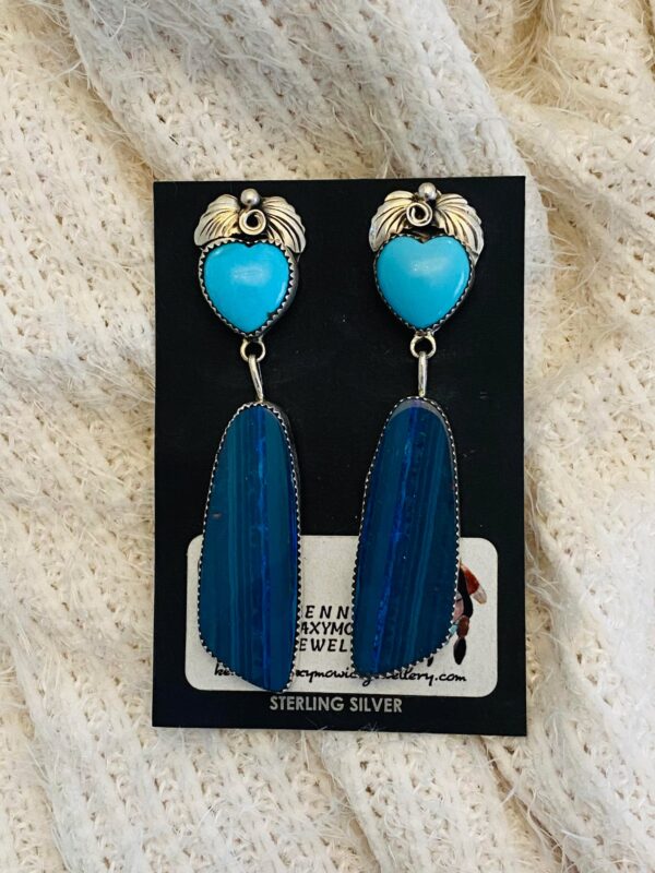 Navajo Lydia Begay Signed Sterling Silver Sleeping Beauty Turquoise Heart & Australian Opal Earrings/