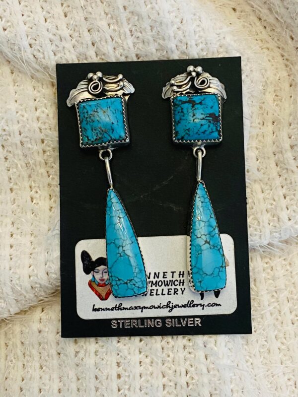 Navajo Lydia Begay Signed Sterling Silver Number 8 Web Natural Turquoise Post Dangle Earrings/