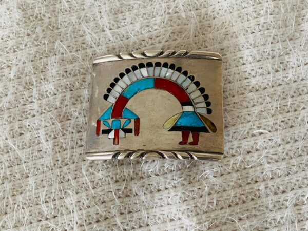 Vintage Exceptional Early Zuni Sterling Silver Expertly Inlaid Rainbowman Belt Buckle/