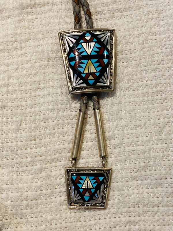 Zuni Viola Eriacho Signed Sterling Silver Starburst Inlay Bolo Tie with Matching Dangle Pendant/ - Image 2