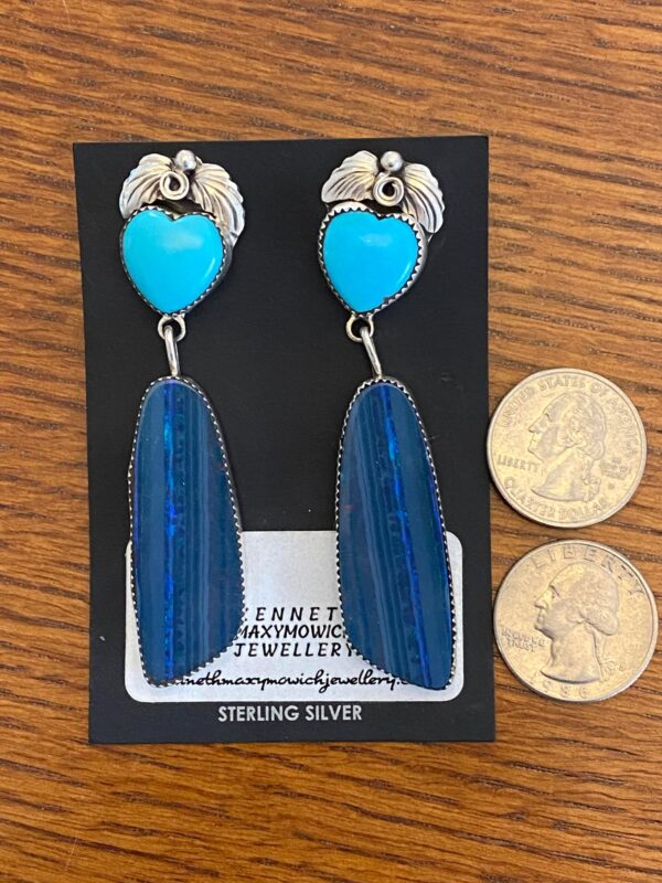 Navajo Lydia Begay Signed Sterling Silver Sleeping Beauty Turquoise Heart & Australian Opal Earrings/ - Image 2