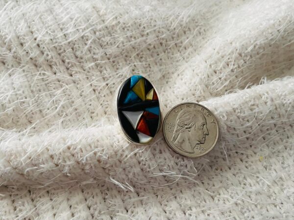 Zuni Michael Laweka Hand Made Sterling Silver Turquoise Inlaid Size 10 Ring/ - Image 2