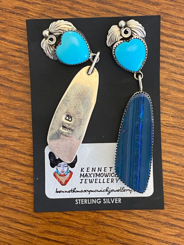 Navajo Lydia Begay Signed Sterling Silver Sleeping Beauty Turquoise Heart & Australian Opal Earrings/ - Image 3