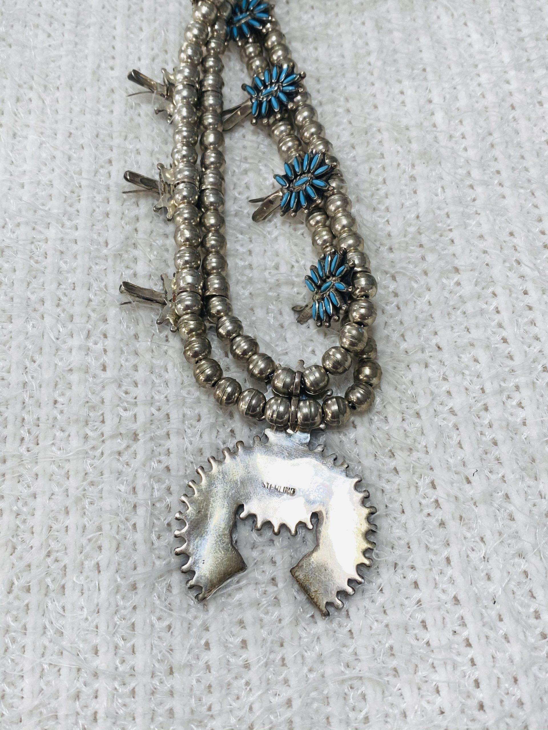 Zuni Vintage Sterling Silver Turquoise Needlepoint Squash Blossom Necklace