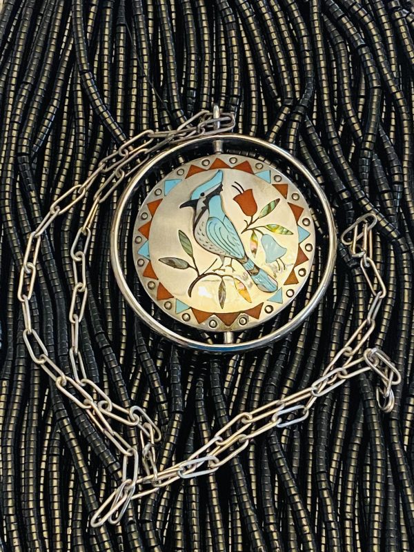 Zuni Vintage Jake Livingston Signed Sterling Silver Spinner Reversible Bird Pendant Necklace/