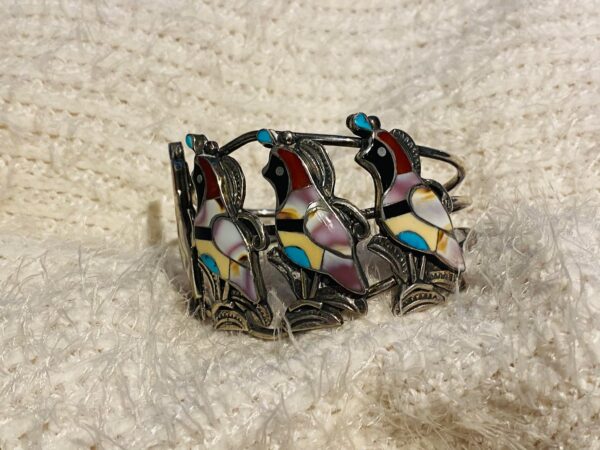 Vintage Zuni Jennifer Niiha Sterling Silver Inlaid Turquoise Coral & Shell Stamped Quail Bracelet/ - Image 2