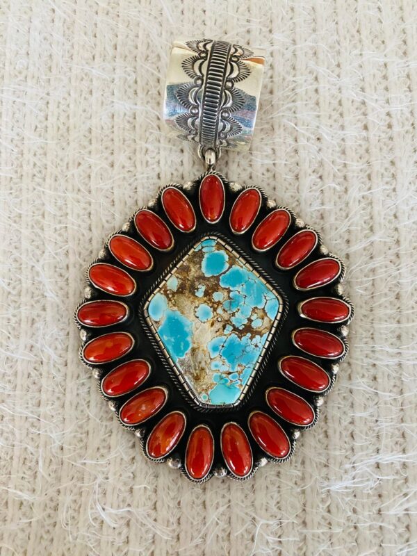 Navajo Terry Martinez Signed Royal Blue Turquoise & Mediterranean Coral Sterling Silver Pendant/