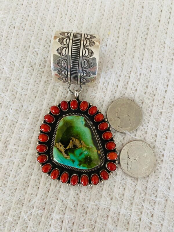 Navajo Terry Martinez Signed Royal Blue Turquoise & Mediterranean Coral Sterling Silver Pendant/ - Image 2