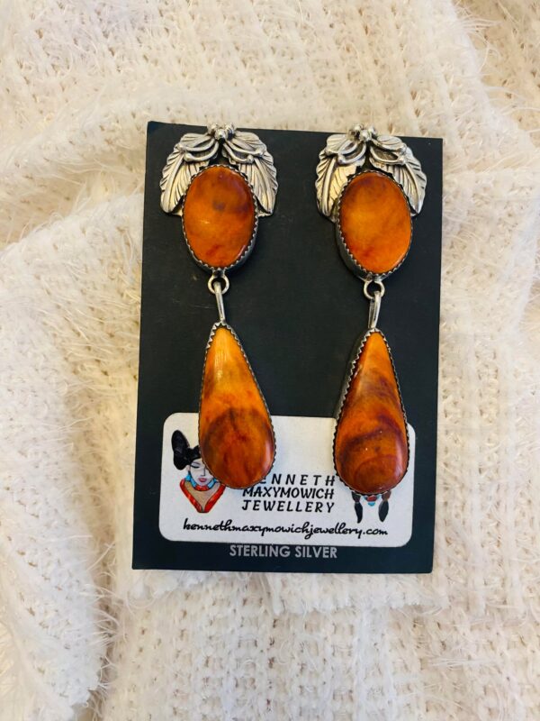 Navajo Lydia Begay Signed Sterling Silver Orange Spiny Oyster Post Dangle Feather Earrings/