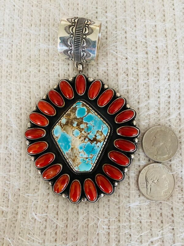 Navajo Terry Martinez Signed Royal Blue Turquoise & Mediterranean Coral Sterling Silver Pendant/ - Image 2