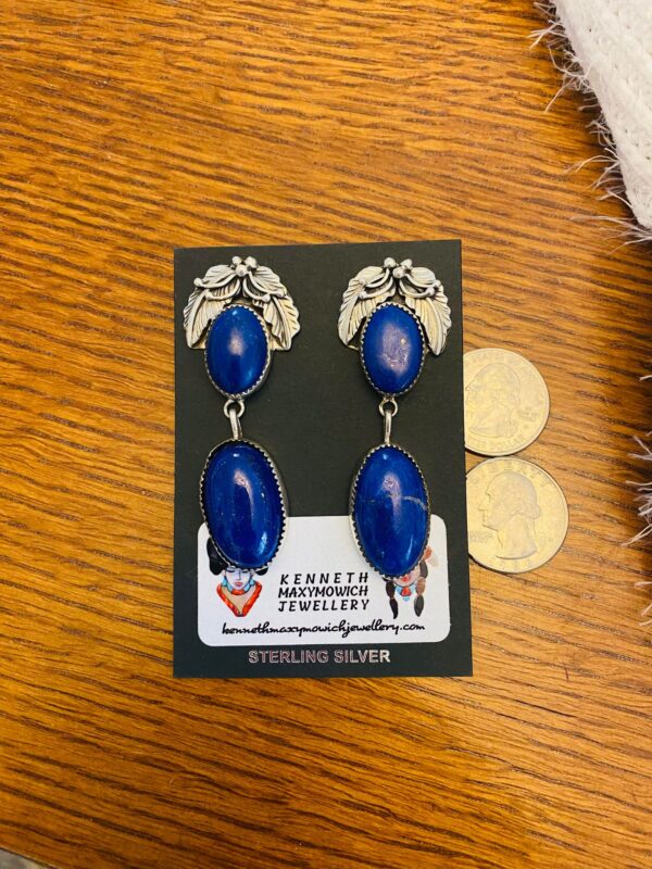 Navajo Lydia Begay Signed Sterling Silver Lapis Lazuli Post Dangle Feather Earrings/ - Image 2