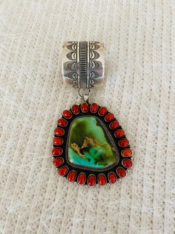 Navajo Terry Martinez Signed Royal Blue Turquoise & Mediterranean Coral Sterling Silver Pendant/