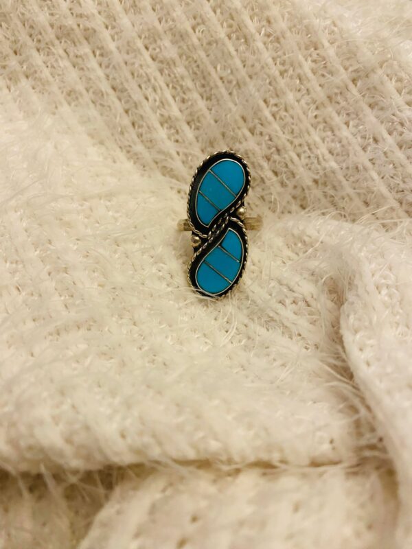 Zuni Susie Lowsayatee Signed Sterling Silver Sleeping Beauty Turquoise Double Teardrop Size 7.5 Ring/