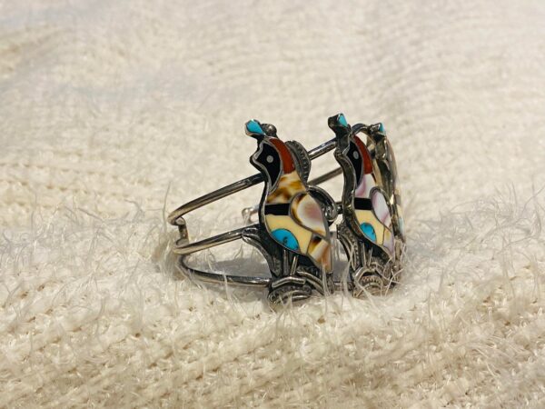 Vintage Zuni Jennifer Niiha Sterling Silver Inlaid Turquoise Coral & Shell Stamped Quail Bracelet/ - Image 4