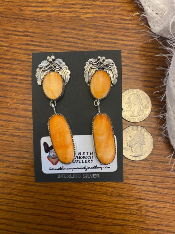 Navajo Lydia Begay Signed Sterling Silver Orange Spiny Oyster Post Dangle Feather Earrings/ - Image 2