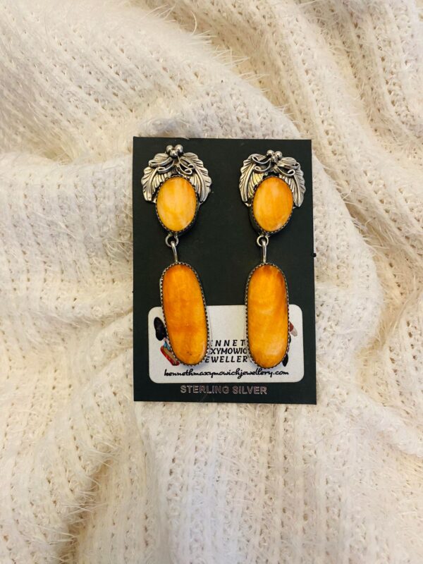 Navajo Lydia Begay Signed Sterling Silver Orange Spiny Oyster Post Dangle Feather Earrings/