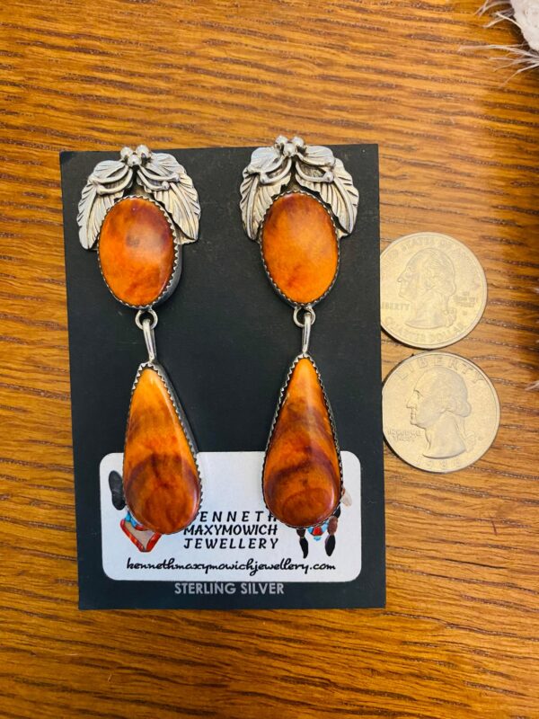 Navajo Lydia Begay Signed Sterling Silver Orange Spiny Oyster Post Dangle Feather Earrings/ - Image 2