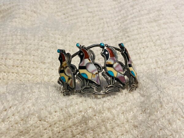 Vintage Zuni Jennifer Niiha Sterling Silver Inlaid Turquoise Coral & Shell Stamped Quail Bracelet/ - Image 3