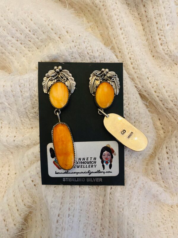 Navajo Lydia Begay Signed Sterling Silver Orange Spiny Oyster Post Dangle Feather Earrings/ - Image 3