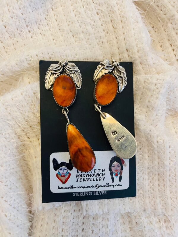 Navajo Lydia Begay Signed Sterling Silver Orange Spiny Oyster Post Dangle Feather Earrings/ - Image 3