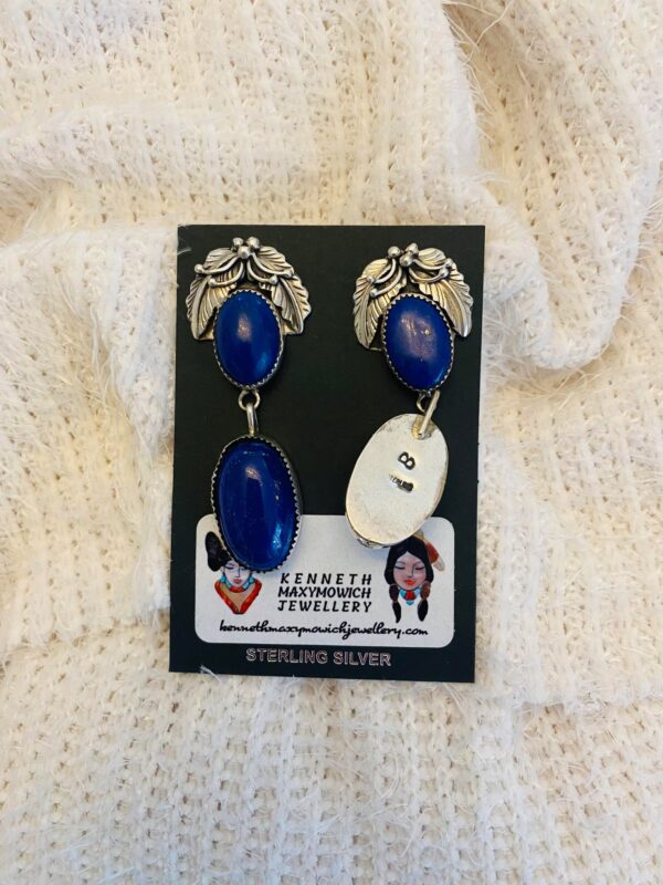 Navajo Lydia Begay Signed Sterling Silver Lapis Lazuli Post Dangle Feather Earrings/ - Image 3