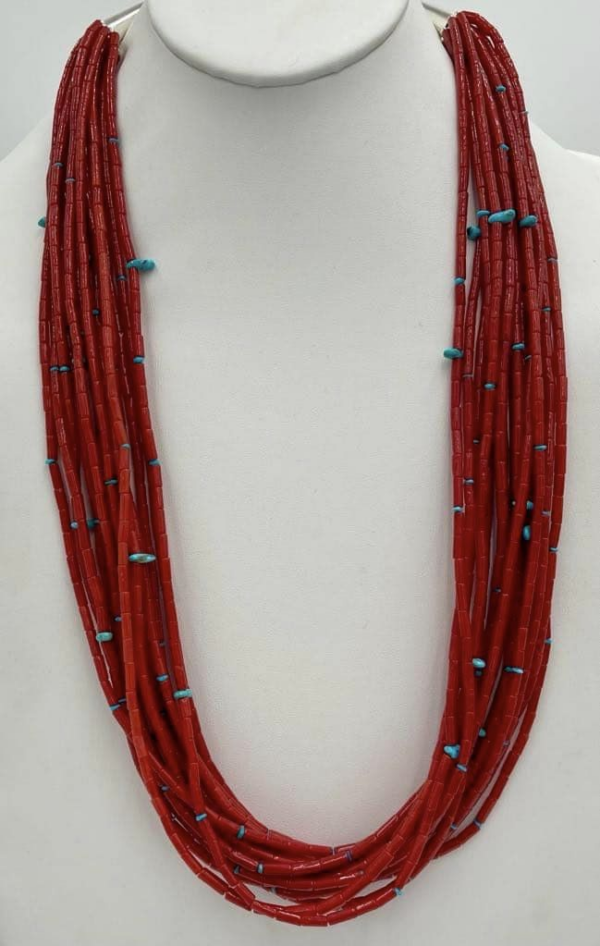 Zuni Jovanna Poblano 15 Strand Mediterranean Dark Red Coral Sterling Silver Turquoise Necklace/ - Image 3