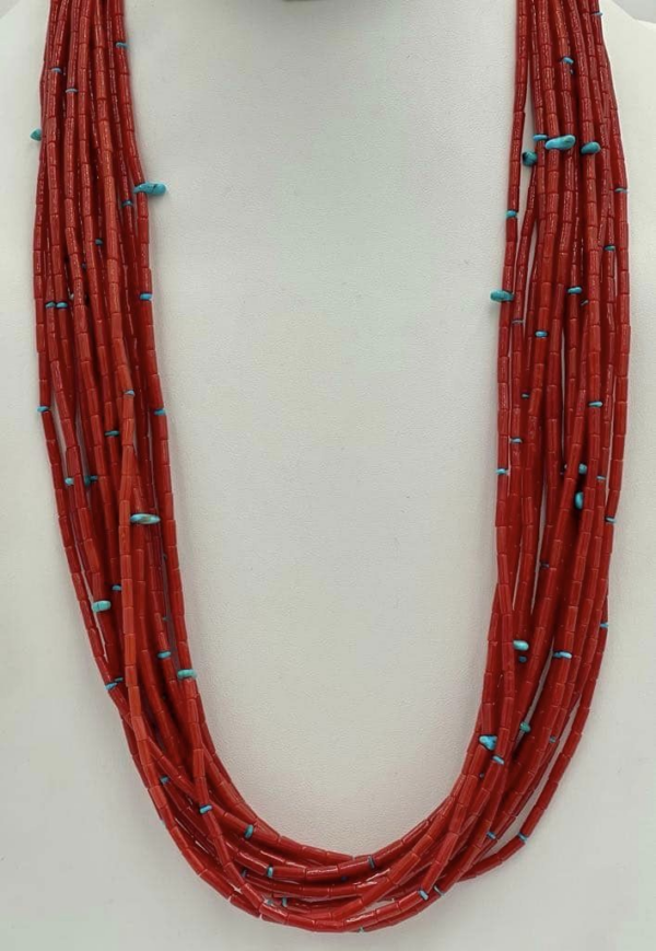 Zuni Jovanna Poblano 15 Strand Mediterranean Dark Red Coral Sterling Silver Turquoise Necklace/ - Image 4