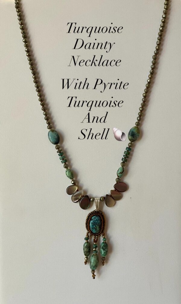 Zuni Jovanna Poblano Delicate Turquoise Shell Pyrite Heishi Dangles Necklace/