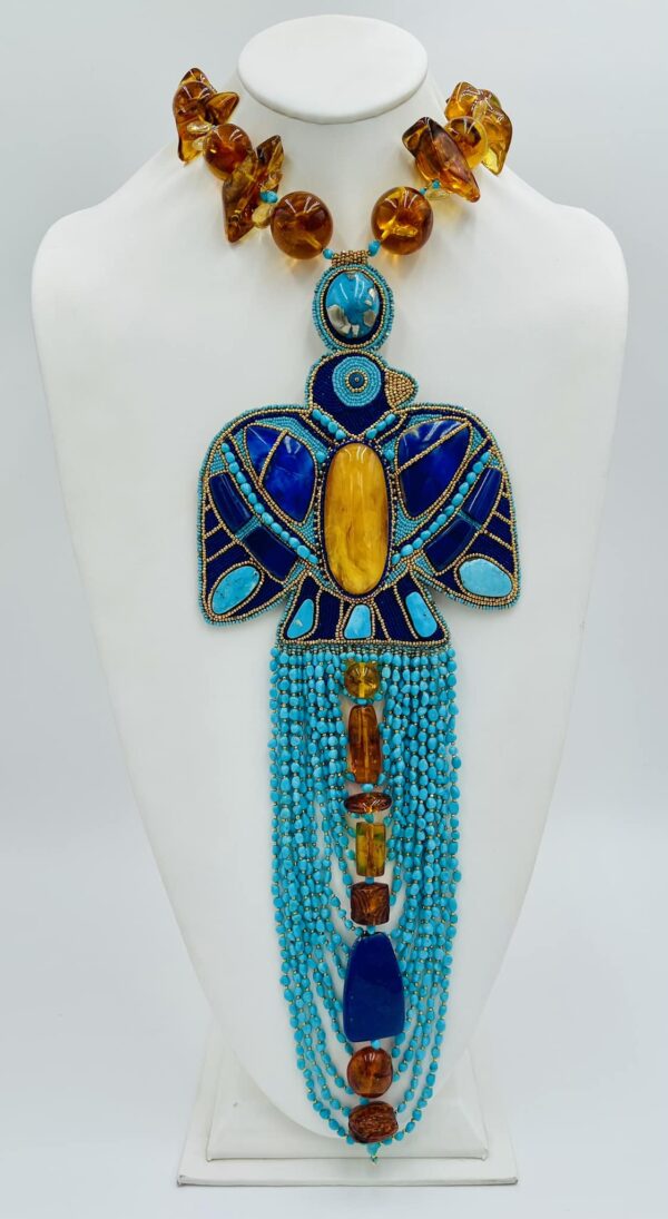 Zuni Jovanna Poblano Signed Beaded Turquoise Amber Lapis Lazuli Elaborate Thunderbird Necklace/ - Image 3