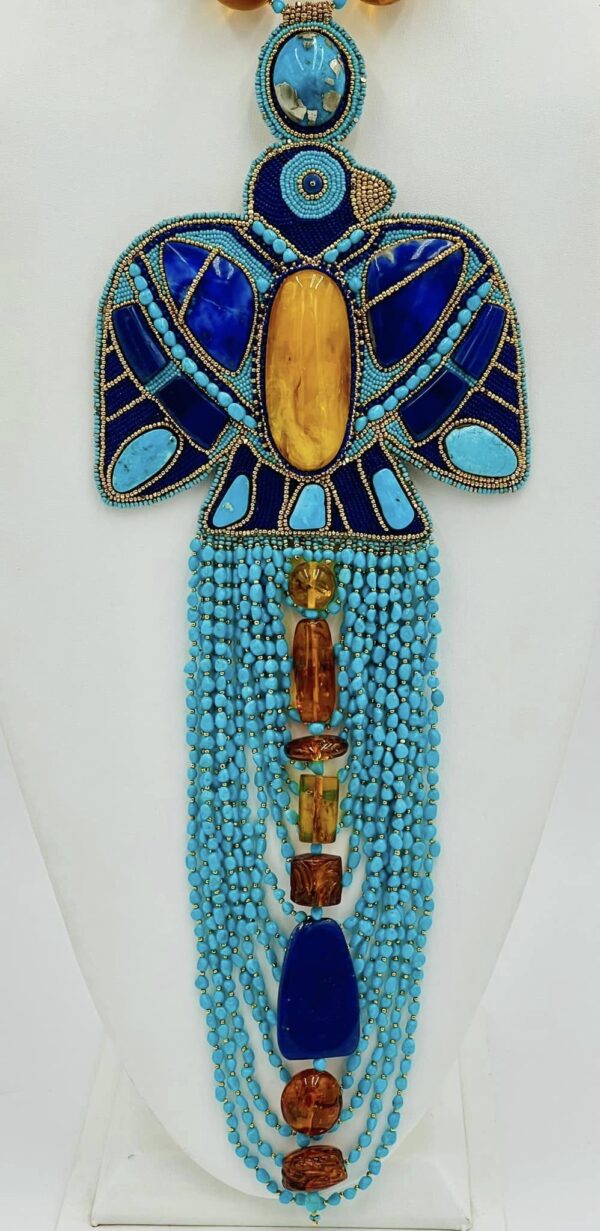 Zuni Jovanna Poblano Signed Beaded Turquoise Amber Lapis Lazuli Elaborate Thunderbird Necklace/ - Image 2