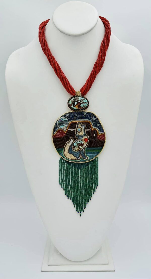 Zuni Jovanna Poblano Signed Beaded Coyote in the Night Turquoise Mediterranean Coral Jade Gold Necklace/ - Image 2