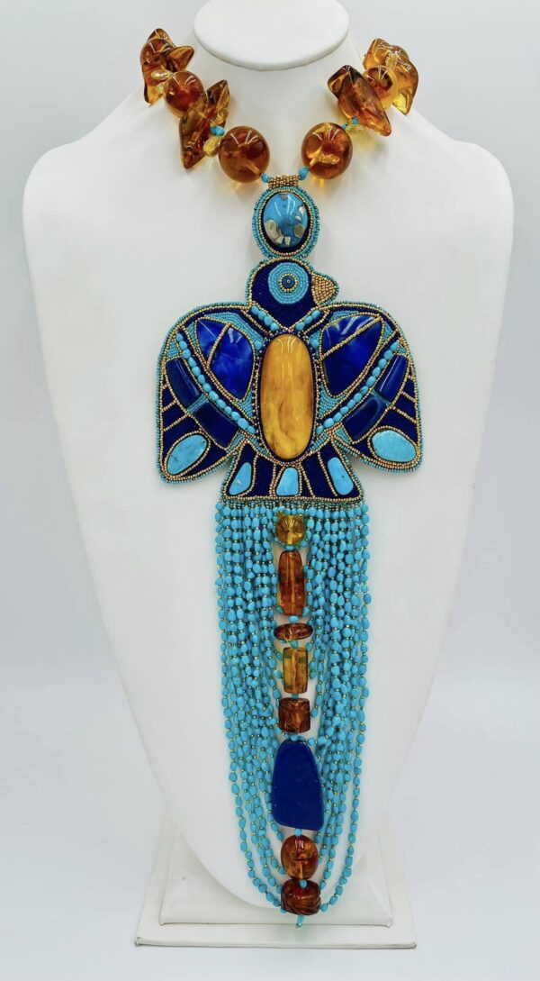 Zuni Jovanna Poblano Signed Beaded Turquoise Amber Lapis Lazuli Elaborate Thunderbird Necklace/