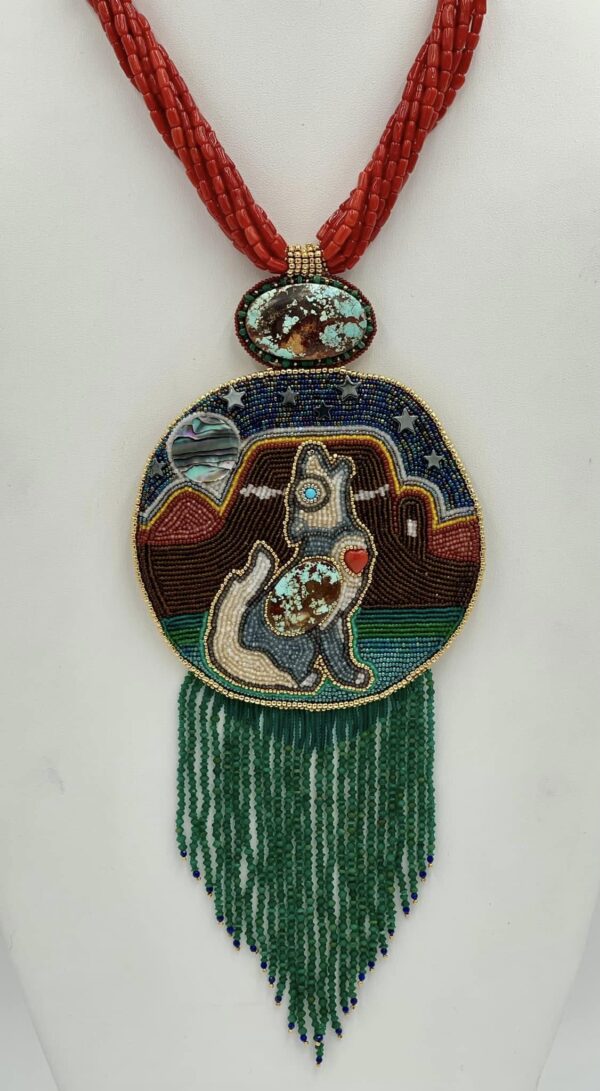 Zuni Jovanna Poblano Signed Beaded Coyote in the Night Turquoise Mediterranean Coral Jade Gold Necklace/