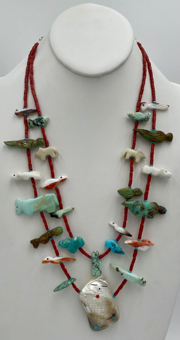 Zuni Jovanna Poblano Turquoise Variscite Carved Birds Bears Corn Maiden Mediterranean Coral Necklace/