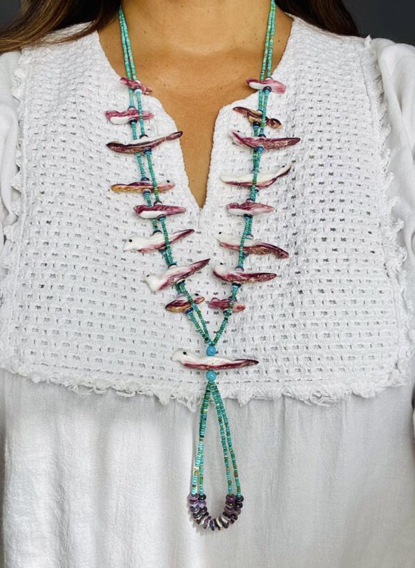 Zuni Jovanna Poblano Purple Spiny Oyster Carved Birds Turquoise Wampum Shell Heishi Necklace/