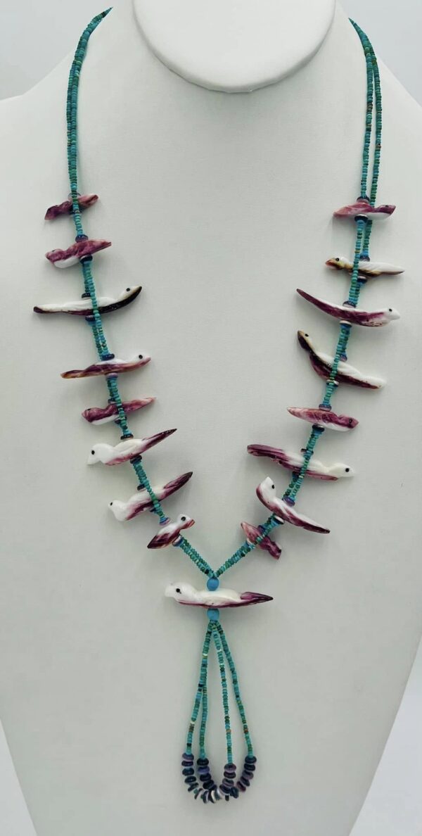 Zuni Jovanna Poblano Purple Spiny Oyster Carved Birds Turquoise Wampum Shell Heishi Necklace/ - Image 2