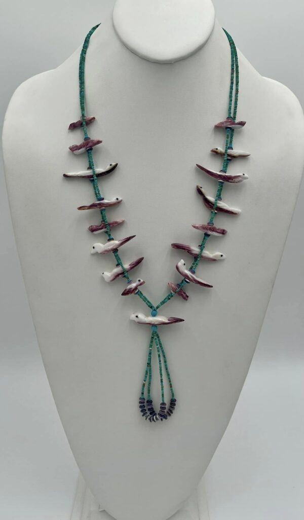 Zuni Jovanna Poblano Purple Spiny Oyster Carved Birds Turquoise Wampum Shell Heishi Necklace/ - Image 3