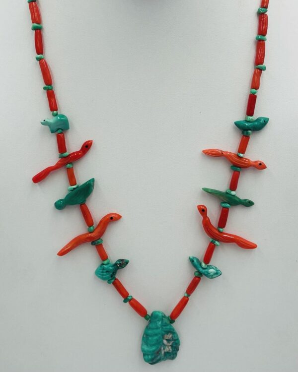 Zuni Jovanna Poblano Broken Arrow Variscite & Mediterranean Coral Birds Bear & Leaf Fetish Necklace/ - Image 2