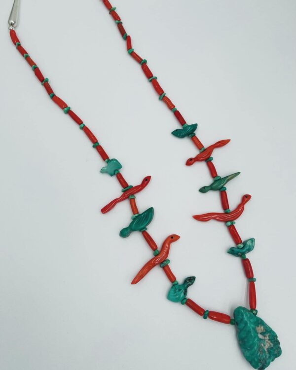 Zuni Jovanna Poblano Broken Arrow Variscite & Mediterranean Coral Birds Bear & Leaf Fetish Necklace/