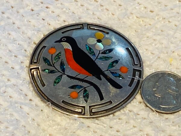 Zuni Vintage Dennis Edaakie Signed 1960s Sterling Silver Tortoise Shell Red Robin Flowers & Leaves Pin Brooch/ - Image 2