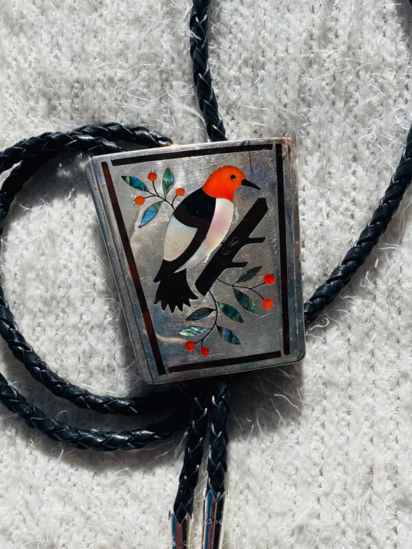 Zuni Vintage Dennis Edaakie Signed 1960s C-31 Sterling Silver Tortoise Shell Elaborate Bird Bolo Tie/ - Image 2