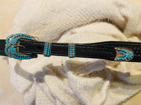 Zuni Virgil Dishta Sr. Signed Sterling Silver Turquoise Inlay Flowers Black Leather Belt Set/