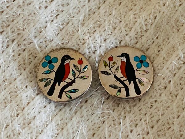 Zuni Vintage Dennis Edaakie Signed 1960s Sterling Silver Tortoise Shell Red Robin Clip On Earrings/