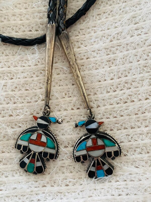 Zuni Vintage Inlay Tortoise Shell Thunderbird Sterling Silver Bolo Tie w Matching Sterling Silver Tips/ - Image 3