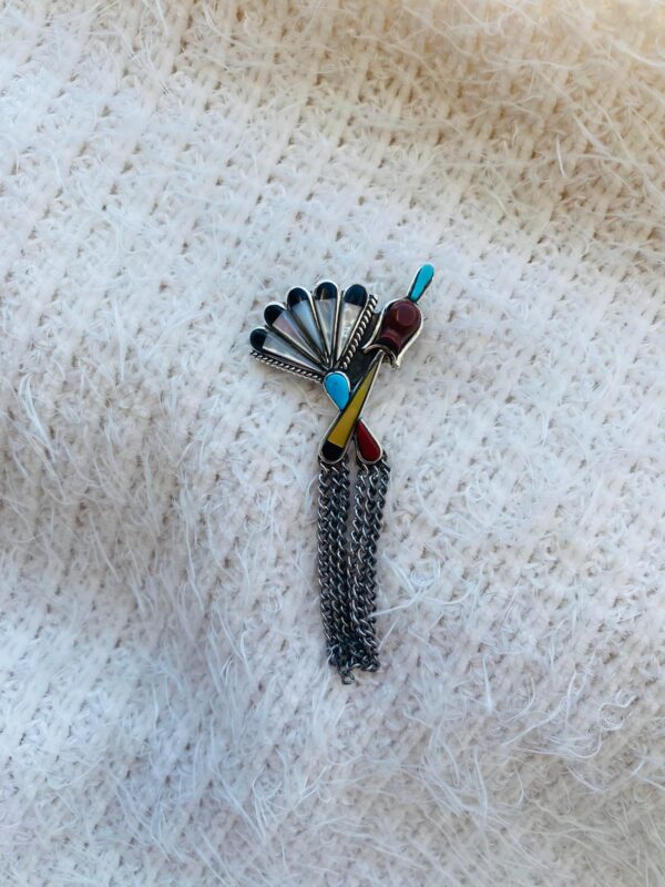 Zuni Vintage 1950s Dan Simplicio Sterling Silver Raised Mosaic Inlay Zuni Gourd and Fan Pin Brooch/ - Image 2