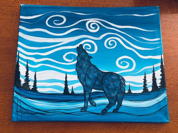 Anishinaabe Markus Houston Signed Spirit Howling Wolf in the Night Acrylic on Canvas Painting/