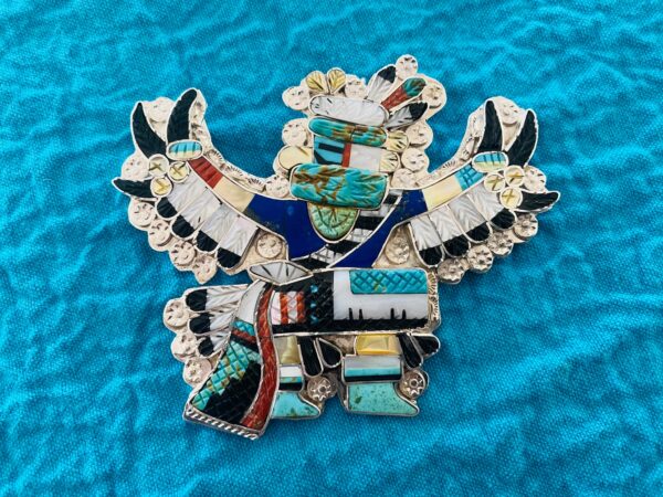 Zuni Eldred Martinez Signed Inlay Sterling Silver Eagle Dancer Kachina Pin Pendant/