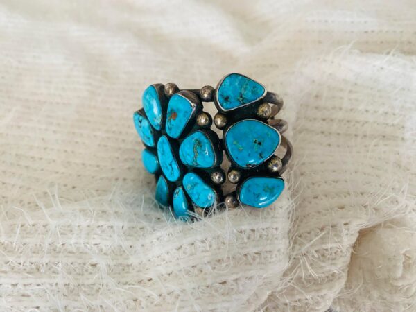 Navajo Vintage Sterling Silver Turquoise Flower Cluster Cuff Bracelet/ - Image 2